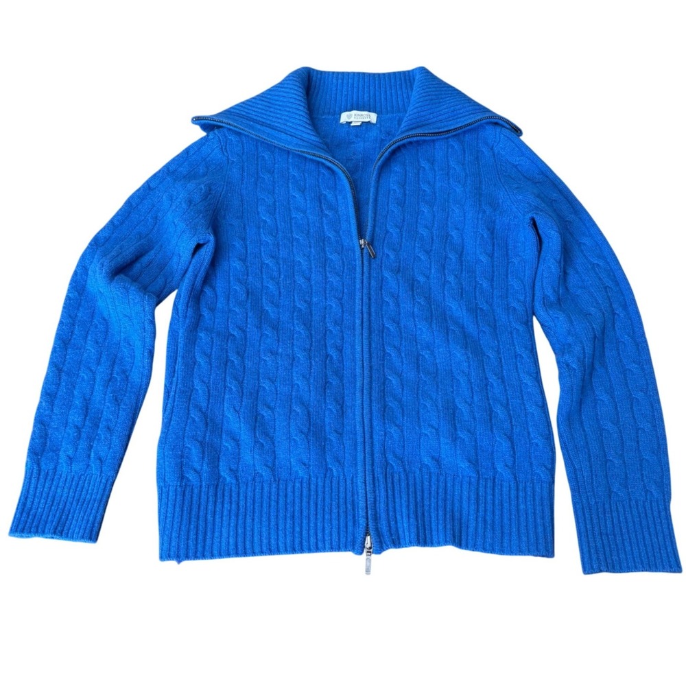 Kinross Cashmere Womens M 100% Cashmere Cable Knit Full Zip Sweater Blue-FLAW